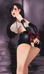 Rule 34 | 1girl, :o, ass, bare shoulders, black skirt, breasts, crop top, embarrassed, final fantasy, final fantasy vii, fingerless gloves, from behind, gloves, highres, large breasts, leaning forward, long hair, looking at viewer, looking back, low-tied long hair, midriff, miniskirt, open mouth, pencil skirt, red gloves, shirt, skirt, sleeveless, sleeveless shirt, solo, square enix, standing, surprised, suspenders, tea (nakenashi), thighs, tifa lockhart, v-shaped eyebrows, very long hair, white shirt