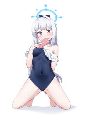 Rule 34 | 1girl, absurdres, bare shoulders, barefoot, blue archive, blue eyes, blue one-piece swimsuit, blush, breasts, cellphone, collarbone, commentary, covered navel, floating hair, frilled one-piece swimsuit, frills, full body, halo, hand on own thigh, highres, holding, holding phone, kneeling, komasi, long hair, looking at viewer, medium breasts, miyako (blue archive), miyako (swimsuit) (blue archive), off-shoulder one-piece swimsuit, off shoulder, official alternate costume, one-piece swimsuit, phone, sidelocks, simple background, smartphone, smartphone case, solo, strapless, strapless one-piece swimsuit, swimsuit, variant set, very long hair, white background, white hair