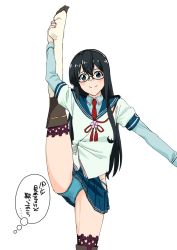 Rule 34 | 1girl, black hair, blue panties, blue sailor collar, blue skirt, breasts, commentary request, cowboy shot, glasses, green eyes, hairband, highres, hip vent, kantai collection, long hair, looking at viewer, mikan 29344886, necktie, ooyodo (kancolle), panties, pleated skirt, red necktie, sailor collar, school uniform, semi-rimless eyewear, serafuku, simple background, skirt, small breasts, solo, split, standing, standing on one leg, standing split, thighhighs, translated, under-rim eyewear, underwear, white background