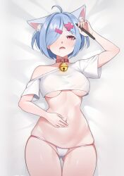 Rule 34 | 1girl, ahoge, animal ears, bell, blue hair, blush, breasts, cat ears, collar, cropped shirt, extra ears, gluteal fold, hair over one eye, holding, holding stylus, lying, medium breasts, navel, neck bell, nekobao, on back, open mouth, original, panties, red collar, red eyes, solo, stylus, underboob, underwear