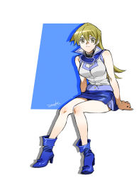 Rule 34 | 1girl, 203wolves, blonde hair, blue background, blue footwear, blue skirt, boots, breasts, brown eyes, closed mouth, duel academy uniform (yu-gi-oh! gx), full body, hair between eyes, high heel boots, high heels, highres, large breasts, long hair, looking at viewer, miniskirt, shiny skin, shirt, signature, sitting, sketch, skirt, sleeveless, sleeveless shirt, solo, straight hair, tenjouin asuka, two-tone background, very long hair, white background, white shirt, yu-gi-oh!, yu-gi-oh! gx
