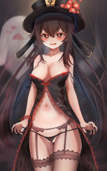 Rule 34 | 1girl, absurdres, alternate breast size, areola slip, black hat, black nails, blush, breasts, brown hair, cameltoe, cleft of venus, dress, fangs, flower, flower-shaped pupils, garter belt, garter straps, genshin impact, ghost, hair between eyes, hat, hat flower, highres, hu tao (genshin impact), jewelry, long hair, long sleeves, looking at viewer, medium breasts, micro panties, nail polish, navel, open mouth, panties, partially visible vulva, red eyes, ring, shihaku rare, solo, steam, sweat, symbol-shaped pupils, thigh gap, thighs, twintails, underwear