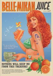 Rule 34 | 1girl, absurdres, bikini, bikini top only, bird, breasts, character name, english text, fake ad, food, from side, fruit, glass, green bikini, highres, juice, looking at viewer, medium breasts, medium hair, money, nami (one piece), one eye closed, one piece, orange (fruit), orange eyes, orange hair, orange juice, parody, seagull, smile, solo, swimsuit, tattoo, upper body, vinutun