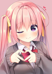 Rule 34 | 1girl, ;), black cardigan, blush, bow, breasts, brown background, cardigan, closed mouth, collared shirt, commentary request, dress shirt, hair between eyes, hair bow, hanamiya natsuka, hands up, heart, heart-shaped pupils, long sleeves, looking at viewer, medium breasts, one eye closed, original, pink hair, purple eyes, school uniform, shirt, simple background, sleeves past wrists, smile, solo, symbol-shaped pupils, twintails, upper body, white shirt, yellow bow