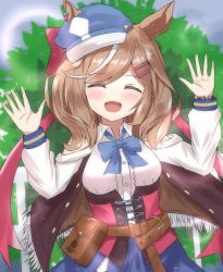 Rule 34 | animal ears, belt, belt pouch, blue headwear, blue neckwear, bow, bowtie, brown belt, brown hair, cabbie hat, center frills, clothing cutout, corset, closed eyes, frills, hat, highres, hiougi, horse ears, horse girl, leather belt, long sleeves, matikane tannhauser (umamusume), medium hair, open mouth, pouch, shirt, shoulder cutout, smile, umamusume, white shirt