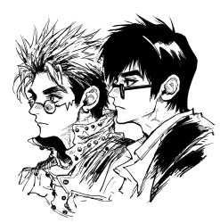 Rule 34 | 2boys, closed mouth, collared shirt, earrings, glasses, greyscale, highres, jacket, jewelry, male focus, mole, mole under eye, monochrome, multiple boys, my nameisyoon, nicholas d. wolfwood, portrait, profile, round eyewear, shirt, short hair, simple background, single earring, spiked hair, trigun, vash the stampede