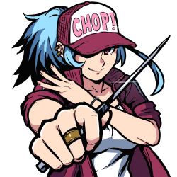 Rule 34 | 1girl, akairiot, baseball cap, blue hair, bracelet, bunny crimson (akairiot), ear piercing, earrings, glint, hands up, hat, hat over one eye, highres, holding, holding knife, jacket, jewelry, knife, long hair, looking at viewer, nail polish, one eye covered, original, parted lips, piercing, pink nails, ponytail, print headwear, purple eyes, purple jacket, ring, simple background, solo, white background