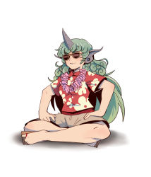 Rule 34 | 1girl, animal ears, bad id, bad pixiv id, bare arms, bare legs, closed mouth, floral print, flower, flower necklace, full body, green hair, highres, horns, jewelry, komano aunn, lei, long hair, necklace, red shirt, sandals, shirt, short sleeves, shorts, simple background, single horn, sitting, smile, solo, sunglasses, touhou, twiggytom, white background, white shorts