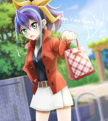 Rule 34 | 1girl, artist name, belt, blue hair, dated, english text, gift, green eyes, grey shirt, hair between eyes, hand in pocket, happy valentine, incoming gift, jacket, light blue hair, looking at viewer, medium hair, miniskirt, multicolored hair, open mouth, outdoors, ponytail, purple hair, red jacket, serena (yu-gi-oh!), shirt, skirt, solo, streaked hair, two-tone hair, yu-gi-oh!, yu-gi-oh! arc-v, yun yu