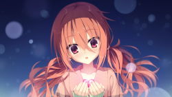 Rule 34 | 1girl, blush, collarbone, game cg, heart, inaba meguru, kobuichi, long hair, looking down, muririn, open hands, open mouth, orange hair, red eyes, sanoba witch, simple background, solo, standing, twintails