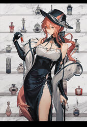 1girl animal_ears arknights black_bridal_gauntlets black_dress black_gloves black_hat bottle bowler_hat bridal_gauntlets brown_hair cat_ears commentary cosmetics dress ears_through_headwear extra_ears feather_boa fur_shawl gloves hair_between_eyes hat heidi_(arknights) highres holding holding_bottle kumatangent letterboxed long_hair nail_polish_bottle parted_lips perfume_bottle shawl side_slit single_bridal_gauntlet single_glove solo too_many very_long_hair white_shawl