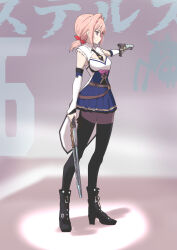 Rule 34 | 1girl, arm at side, assault lily, belt, black footwear, black necktie, black thighhighs, blue skirt, boots, bow, breasts, brown belt, brown pantyhose, closed mouth, collared shirt, commentary request, detached sleeves, dual wielding, from side, gradient background, grey background, gun, hair bow, hair intakes, hand up, handgun, high heel boots, high heels, highres, holding, holding gun, holding sword, holding weapon, layered sleeves, long sleeves, looking ahead, low twintails, medium breasts, medium hair, miniskirt, necktie, odaiba girls high school uniform, otake sunao, outstretched arm, pantyhose, pink hair, pleated skirt, profile, purple bow, red bow, school uniform, shadow, shirt, short necktie, short twintails, skirt, sleeveless, sleeveless shirt, sleeves past wrists, solo, spotlight, standing, sword, symbol-shaped pupils, thighhighs, thighhighs over pantyhose, translated, twintails, two-tone shirt, urutsu sahari, weapon