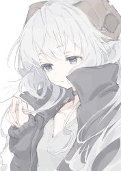 Rule 34 | 1girl, animal ears, blue eyes, brown horns, choker, coat, collarbone, copyright name, english text, eyelashes, grey choker, grey coat, grey hair, hair between eyes, horns, kinutani yutaka, long hair, open clothes, open coat, orange pupils, original, parted lips, playing with own hair, sheep ears, sheep girl, sheep horns, signature, simple background, sleeves past wrists, solo, upper body, white background