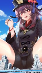 Rule 34 | absurdres, bike shorts, black bike shorts, black hat, black jacket, bracelet, brown hair, building, cameltoe, chinese clothes, destruction, flower, from below, genshin impact, giant, giantess, hair flower, hair ornament, hat, highres, hu tao (genshin impact), jacket, jewelry, kashiwa710710, long hair, looking at viewer, nail polish, open mouth, orange eyes, paw pose, ring, size difference, smile, teeth, thighs, tight clothes, train