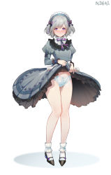 Rule 34 | 1girl, absurdres, bare legs, black skirt, blue skirt, bow, bow panties, clothes lift, contender (flowerful maid) (girls&#039; frontline), contender (girls&#039; frontline), dress, dress lift, full body, girls&#039; frontline, grey eyes, highres, lace trim, lifting own clothes, long skirt, long sleeves, looking at viewer, maid, necktie, ninai, panties, puffy sleeves, shoes, short hair, shy, skirt, skirt lift, underwear, white panties