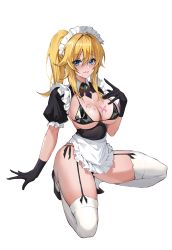 Rule 34 | 1girl, absurdres, alternate costume, bikini, black gloves, blonde hair, blue eyes, breasts, cream, cream on body, cream on face, enmaided, food, food on face, full body, genshin impact, gloves, highres, jean (genshin impact), large breasts, maid, maid bikini, paradox (parapa), ponytail, simple background, solo, squatting, swimsuit, thighhighs, thighs, unconventional maid, white background, white thighhighs