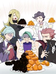 Rule 34 | 2girls, 3boys, bad food, black eyes, blonde hair, blue hair, chopsticks, closed eyes, commentary, creatures (company), croquette, cynthia (pokemon), diantha (pokemon), eating, empty eyes, game freak, green hair, hair over one eye, hat, highres, jewelry, lance (pokemon), long hair, multiple boys, multiple girls, necklace, nintendo, open mouth, own hands together, plate, pokemon, pokemon dppt, pokemon hgss, pokemon oras, pokemon xy, purple eyes, red hair, saliva, short hair, sitting, smile, steven stone, sweat, wallace (pokemon), yao (evep3835)