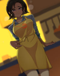 Rule 34 | 1girl, :&gt;, apron, blurry, closed mouth, commentary request, creatures (company), dark-skinned female, dark skin, earrings, game freak, highres, indoors, jewelry, kellila93, looking at viewer, mature female, mole, mole under mouth, mother (pokemon), nintendo, paldea mother, pants, pokemon, pokemon sv, purple eyes, raised eyebrows, shirt, short hair, sleeves past elbows, smile, solo, standing, white pants, yellow apron