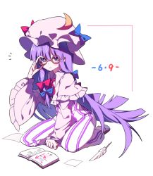 Rule 34 | 1girl, adjusting eyewear, bespectacled, bing zizi, blue bow, blunt bangs, book, bow, capelet, commentary, crescent, dress, frilled sleeves, frills, glasses, hair bow, hat, hat bow, kneeling, long hair, long sleeves, mob cap, patchouli knowledge, pink hat, purple eyes, purple hair, quill, red bow, shoes, simple background, solo, striped clothes, striped dress, touhou, white background, wide sleeves
