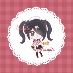 Rule 34 | 1girl, :3, absurdres, ame-chan (needy girl overdose), apron, black dress, black eyes, black hair, chibi, chinese commentary, commentary request, dress, food, frilled dress, frills, full body, hair over one eye, highres, holding, holding plate, huai an (wenfeiqing213), long hair, looking at viewer, maid, maid headdress, needy girl overdose, omelet, omurice, plate, red background, sample watermark, smile, solo, standing, sweets paradise, twintails, watermark