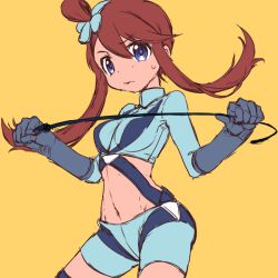 Rule 34 | 1girl, ameiro pk, blue eyes, blue gloves, blue shirt, blue shorts, blush, breasts, creatures (company), crop top, female focus, game freak, gloves, hair ornament, hands up, long sleeves, looking at viewer, maroon hair, medium breasts, midriff, navel, nintendo, pokemon, pokemon (creature), pokemon bw, shirt, shorts, simple background, sketch, skyla (pokemon), solo, standing, sweat, whip, yellow background
