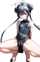 Rule 34 | 1girl, black hair, blue archive, blush, breasts, china dress, chinese clothes, dress, halo, hapu (nfdt7773), highres, kisaki (blue archive), small breasts, solo, squatting, white background