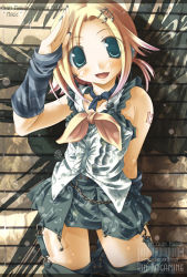 Rule 34 | 1girl, :d, alternate costume, alternate hairstyle, arm behind back, arm warmers, beamed quavers, blue eyes, blush, chain, character name, cowboy shot, fortissimo, frills, garter straps, gradient hair, hair ornament, hairclip, hand up, kagamine rin, legs apart, letterboxed, looking at viewer, miniskirt, multicolored hair, musical note, musical note hair ornament, musical note print, open mouth, parted bangs, quaver, salute, skirt, sleeveless, smile, solo, standing, striped, tattoo, thighhighs, vocaloid