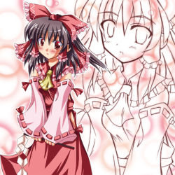 Rule 34 | 1girl, :o, black hair, blush, bow, detached sleeves, dress, female focus, hair bow, hair tubes, hakurei reimu, long sleeves, looking at viewer, parted lips, ponytail, red bow, red dress, red eyes, ribbon-trimmed sleeves, ribbon trim, sidelocks, solo, tokiniwa, touhou, wide sleeves, zoom layer