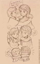 Rule 34 | 2girls, anna (frozen), blush, braid, elsa (frozen), embarrassed, english text, frozen (disney), hair up, laikaken, monochrome, multiple girls, scarf, shared clothes, shared scarf, siblings, sisters, smile, twin braids