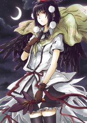 Rule 34 | 1girl, bad id, bad pixiv id, black hair, black wings, bow, cape, cibo (killy), crescent moon, dress shirt, expressionless, hand fan, female focus, gloves, hat, highres, holding, leaf fan, long image, looking at viewer, moon, night, pom pom (clothes), red eyes, ribbon, shameimaru aya, shirt, short hair, skirt, solo, standing, tall image, thighhighs, tokin hat, touhou, vest, wings, zettai ryouiki
