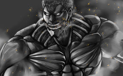 Rule 34 | 1boy, armored titan, giant, giant monster, gradient background, kaijuu, male focus, monochrome, monster, muscular, no pupils, open mouth, shingeki no kyojin, solo, spot color, titan (shingeki no kyojin), upper body
