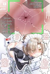 Rule 34 | 1girl, anger vein, angry, annoyed, anus, apron, ass, ass grab, azur lane, black dress, blonde hair, blush, boots, bottomless, chiyo-san (azukimannma), commentary request, dress, false smile, frilled apron, frills, full body, grabbing own ass, hard-translated, highres, humiliation, ladder, long sleeves, maid, maid apron, maid headdress, mole, mole on ass, scanner, sheffield (azur lane), short hair, smile, spread anus, thigh boots, third-party edit, white apron, white footwear, yellow eyes