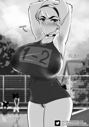 Rule 34 | 1girl, absurdres, alternate body size, alternate breast size, annoyed, armpits, arms behind head, breasts, cameltoe, covered erect nipples, freckles, highres, huge breasts, mandy (grim adventures), monochrome, navel, navel piercing, one-piece swimsuit, partially visible vulva, piercing, pool, see-through, solo, swimsuit, the grim adventures of billy &amp; mandy, thighs, waifu lab, wet