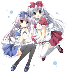 Rule 34 | 2girls, :d, apron, black legwear, bow, full body, green eyes, hair bow, korie riko, long hair, looking at viewer, mary janes, multiple girls, open mouth, original, purple eyes, shoes, siblings, silver hair, simple background, sisters, smile, thighhighs, white background, white legwear, zettai ryouiki