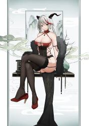 Rule 34 | 1girl, absurdres, aegir (azur lane), aegir (golden dragon among auspicious clouds) (azur lane), alternate costume, arm behind back, ass, azur lane, bare shoulders, black gloves, blush, breasts, cleavage, covered navel, cross-laced clothes, crossed legs, dragon girl, dragon horns, dragon print, earrings, full body, garter straps, gloves, grin, hand on own knee, high heels, highres, horns, jewelry, large breasts, legs, long hair, looking at viewer, multicolored hair, ningri (lianyungangwyz), parted lips, red hair, revealing clothes, single earring, sitting, skindentation, sleeveless, smile, solo, streaked hair, thighhighs, thighs, two-tone hair, very long hair, white hair, yellow eyes