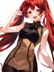 Rule 34 | 1girl, absurdres, bare shoulders, black pantyhose, brown dress, commentary, dress, fire emblem, fire emblem awakening, highres, jurge, long hair, looking at viewer, mixed-language commentary, nintendo, open mouth, pantyhose, red eyes, red hair, severa (fire emblem), simple background, sleeveless, sleeveless dress, smile, solo, teeth, twintails, upper teeth only, very long hair, white background