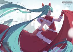 Rule 34 | 1girl, aqua eyes, bell, capelet, capelet lift, character name, christmas, clothes lift, dress, closed eyes, feet out of frame, fur-trimmed capelet, fur-trimmed dress, fur-trimmed gloves, fur trim, gloves, hair bell, hair ornament, hand up, hatsune miku, highres, jingle bell, long hair, outstretched arm, profile, red capelet, red dress, red gloves, skirt hold, solo, standing, very long hair, vocaloid, zhayin-san