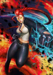 Rule 34 | 1girl, between breasts, breasts, capcom, cleavage, crimson viper, electricity, large breasts, midriff, motion blur, necktie, necktie between breasts, neoartcore, pompadour, punching, solo, street fighter, street fighter iv (series), sunglasses