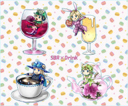 Rule 34 | alcohol, animal ears, bad id, bad pixiv id, beer, blonde hair, blue eyes, boots, brown eyes, brown footwear, cape, cat ears, cat tail, champagne flute, chibi, cookie, cowboy hat, cup, diego brando, dinosaur tail, drinking glass, facial hair, fang, fingerless gloves, flower, food, fruit, funny valentine, gloves, goggles, goggles on headwear, grapes, green eyes, grin, gyro zeppeli, hat, horns, horseshoe, johnny joestar, jojo no kimyou na bouken, kemonomimi mode, light brown hair, long hair, mini person, miniboy, open mouth, partially submerged, plate, rabbit ears, ryugue, sheep horns, smile, spurs, star (symbol), star print, steel ball run, tail, teacup, teapot, wine, wine glass, wristband