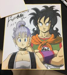 Rule 34 | 1boy, 1girl, 2018, bare arms, belt, black eyes, black hair, blue eyes, breasts, bulma, choker, close-up, clothes writing, commentary request, crossed arms, dated, dragon ball, dragon ball (classic), eyelashes, height difference, highres, lee (dragon garou), long hair, looking at viewer, neckerchief, photo (medium), ponytail, purple hair, shaded face, shikishi, shirt, simple background, smile, tank top, traditional media, upper body, waistcoat, white background, white shirt, wristband, yamcha