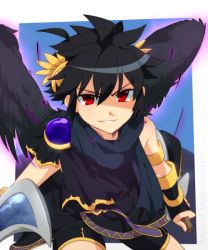 Rule 34 | 1boy, ancient greek clothes, armband, armlet, bad id, bad pixiv id, bike shorts, black hair, black wings, blade, bracer, chiton, dark pit, greco-roman clothes, kid icarus, kid icarus uprising, laurel crown, looking at viewer, male focus, nintendo, red eyes, smirk, solo, super smash bros., toga, weapon, wings
