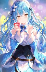 Rule 34 | 1girl, ahoge, bare shoulders, belt, blue bow, blue bowtie, blue coat, blue hair, blue skirt, blush, bow, bowtie, box, breasts, brown belt, coat, commentary, corset, elf, flower, hair between eyes, hair flower, hair ornament, hands up, hat, heart, heart-shaped box, heart ahoge, highres, holding, holding box, holding heart, hololive, large breasts, long hair, long sleeves, looking at viewer, open clothes, open coat, pointy ears, rin yuu, shirt, skirt, sleeveless, sleeveless shirt, smile, snowflake print, solo, symbol-only commentary, two side up, virtual youtuber, white flower, white hat, white shirt, yellow eyes, yukihana lamy