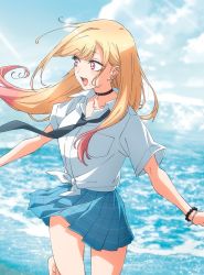 Rule 34 | artist request, barefoot, blonde hair, bracelet, choker, cloud, collarbone, earrings, highres, jewelry, kitagawa marin, looking to the side, multicolored hair, necktie, official art, open mouth, pink hair, red eyes, school uniform, sky, solo, sono bisque doll wa koi wo suru, waves