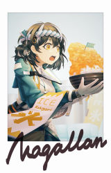 Rule 34 | 1girl, arknights, black hair, bowl, character name, chinese commentary, commentary request, flag, food, gloves, grey background, hachimaki, headband, highres, holding, holding bowl, long sleeves, magallan (arknights), magallan (shaved-ice memories) (arknights), multicolored hair, nejiri hachimaki, official alternate costume, open mouth, shaved ice, shirt, short hair, solo, streaked hair, tassos, upper body, white gloves, white hair, white shirt, yellow eyes