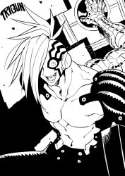Rule 34 | 1boy, commentary request, copyright name, greyscale, hair over one eye, highres, male focus, monochrome, solo, trigun