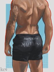Rule 34 | 1boy, arm tattoo, ass, ass focus, bara, call of duty, call of duty: modern warfare 2, character name, clothes writing, from behind, ghost (modern warfare 2), head out of frame, highres, implied yaoi, kc (artbykc0001), male focus, print shorts, short shorts, shorts, solo, tattoo