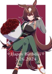 Rule 34 | 1girl, absurdres, animal ears, belt, black choker, black gloves, black shirt, border, bouquet, breasts, brown belt, brown footwear, brown hair, choker, commentary request, crossed legs, dated, ear ornament, fingerless gloves, flower, full body, gloves, green jacket, green pants, grey jacket, hair between eyes, hand on own hip, happy birthday, head rest, highres, holding, holding bouquet, horse ears, horse girl, horse tail, jacket, large breasts, long hair, looking at viewer, midriff peek, multicolored clothes, multicolored hair, multicolored jacket, outside border, pants, pendant choker, red background, shadow, shirt, simple background, sirius symboli (umamusume), sitting, solo, streaked hair, tail, twitter username, two-tone jacket, umamusume, very long hair, w3n6e, white border, white hair