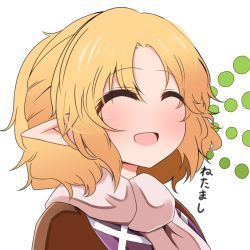 Rule 34 | 1girl, blonde hair, blush, closed eyes, highres, mizuhashi parsee, open mouth, pointy ears, scarf, short hair, smile, solo, touhou, translation request, yasui nori