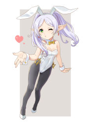 Rule 34 | 1girl, alternate costume, animal ears, black pantyhose, blowing kiss, border, bow, bowtie, breasts, commentary request, detached collar, earrings, frieren, full body, green eyes, grey background, high heels, highres, jewelry, katahira masashi, leotard, long hair, one eye closed, pantyhose, playboy bunny, pointy ears, rabbit ears, rabbit tail, small breasts, solo, sousou no frieren, strapless, strapless leotard, tail, twintails, two-tone swimsuit, white border, white footwear, white hair, white leotard, wrist cuffs, yellow bow, yellow bowtie