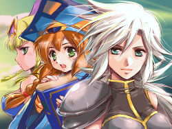 Rule 34 | 3girls, armor, bad id, bad pixiv id, book, bracelet, braid, brave frontier, cloud, elimo, green eyes, green hair, hair ornament, hat, jewelry, long hair, looking at viewer, multiple girls, open mouth, orange hair, pana (1122), robe, ronel, sefia, white hair